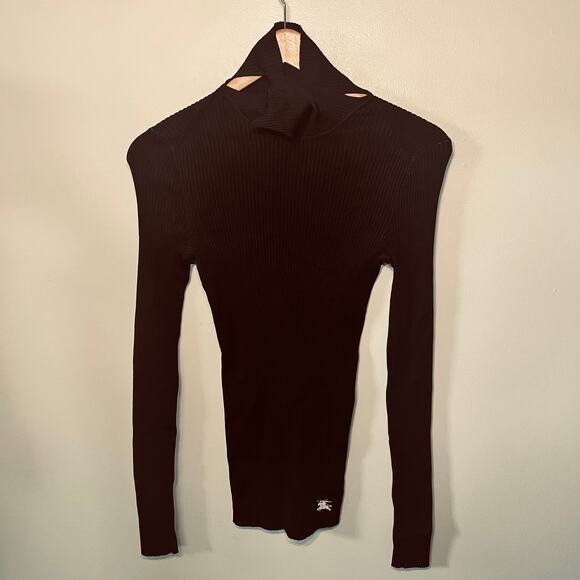 VTG Burberry Cut Out Turtleneck Black Ribbed Knit Stretchy Minimalist Office S - Picture 1 of 12